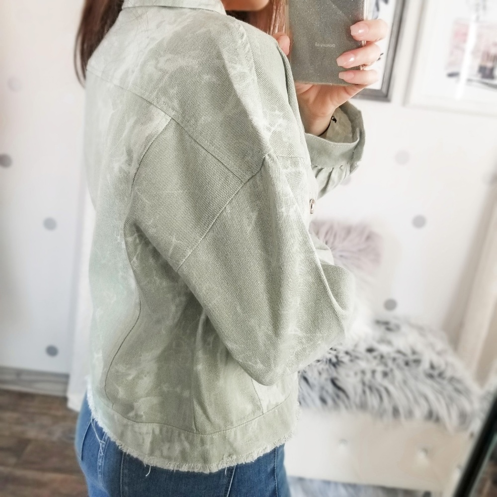 Sage Tie Dye Denim Cropped Jacket Lightweight Fall Button Up Jacket - Picture 7 of 10